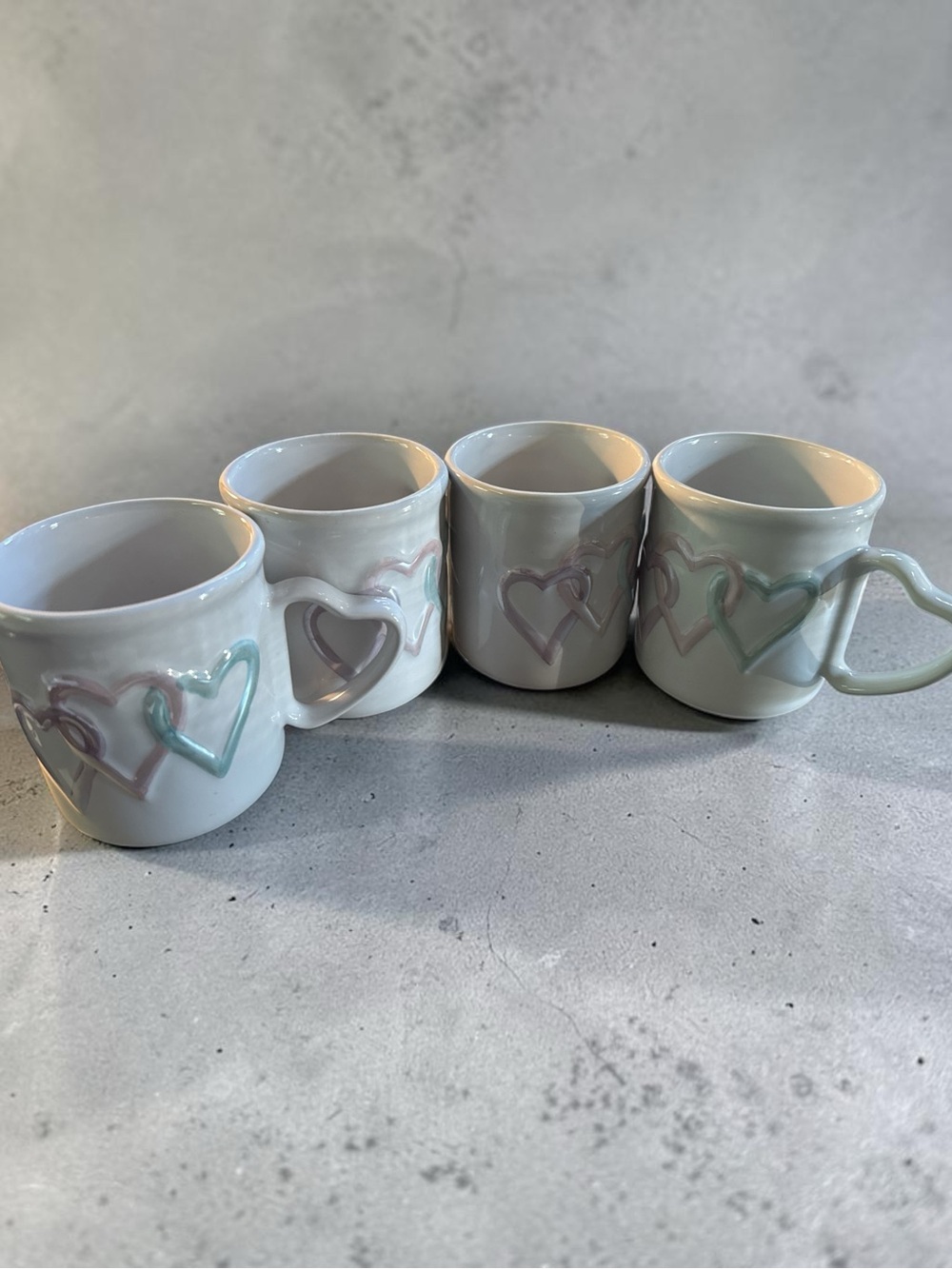 Mary Kay White Ceramic Mugs with Pastel Pink & Mint Heart Accents - Set of 4